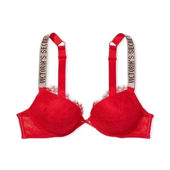 Victoria's Secret Bombshell Add-2-Cups Push-up Bra Red Lace Shine‎ Strap 38C NWT